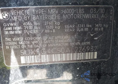 2010 BMW X6 xDrive35I z USA, uszkodzony, nr VIN 5UXFG4C50AL226932